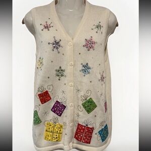 Vintage Kim Rogers Christmas Sweater Vest Size Medium Ivory /Sequin/Beaded